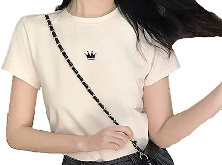 AS78 Tシャツ トップス クラウン 刺繍 ワンポイント クルーネック 半袖( ホワイト, XL)