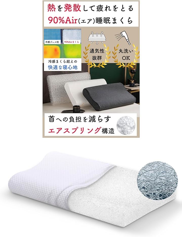 90%Air エア 熱がこもらない枕 放熱 通気性 首が痛くならない 高反発枕 エアスプリング MDM( ホワイト)