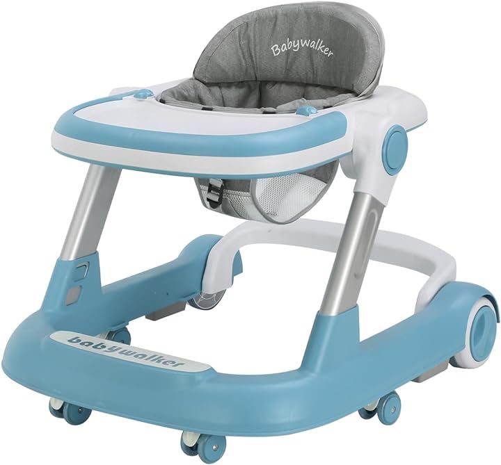 手押し車 歩行器 2in1 赤ちゃん 折りたたみ 高さ調整可能 食事用プレート付き 横転防止( ブルー)