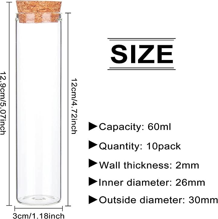 10個60ml ガラス試験管 ガラス瓶 コルク栓付 高さ129mm 直径30mm フラット