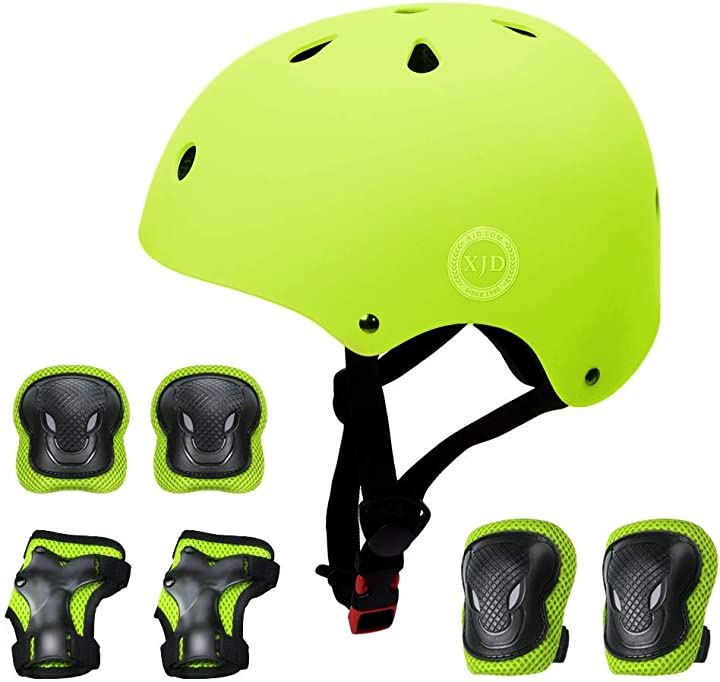 ヘルメット こども用 キッズプロテクターセット 調節可能 巾着袋付き M:55～57cm ウエア 自転車 スポーツ・アウトドア(黄緑, M:55～57cm)