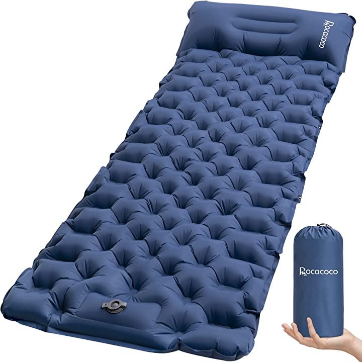10cm厚さ エアーマット エアマット キャンプマット 足踏み式 枕付き折畳み式 キャンプ用品( Blue)
