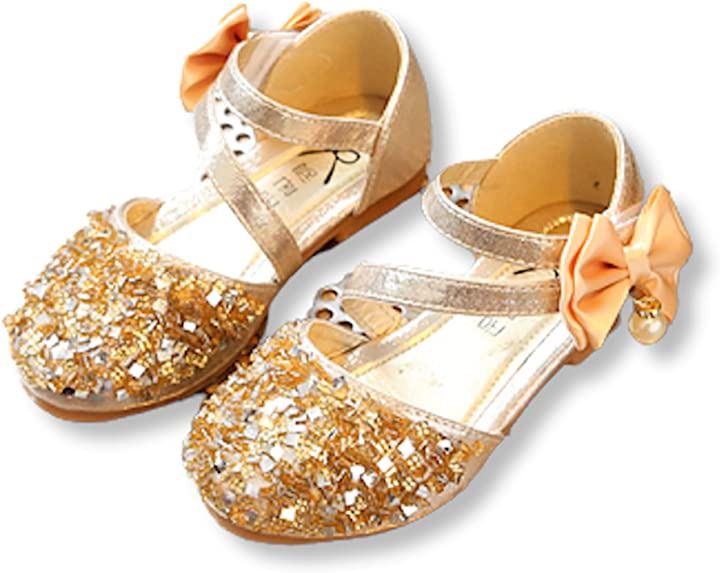 キッズ シューズ フォーマル 女の子 靴 子供 リボン 発表会 入学式 卒園式( ゴールド, 17.0 cm)