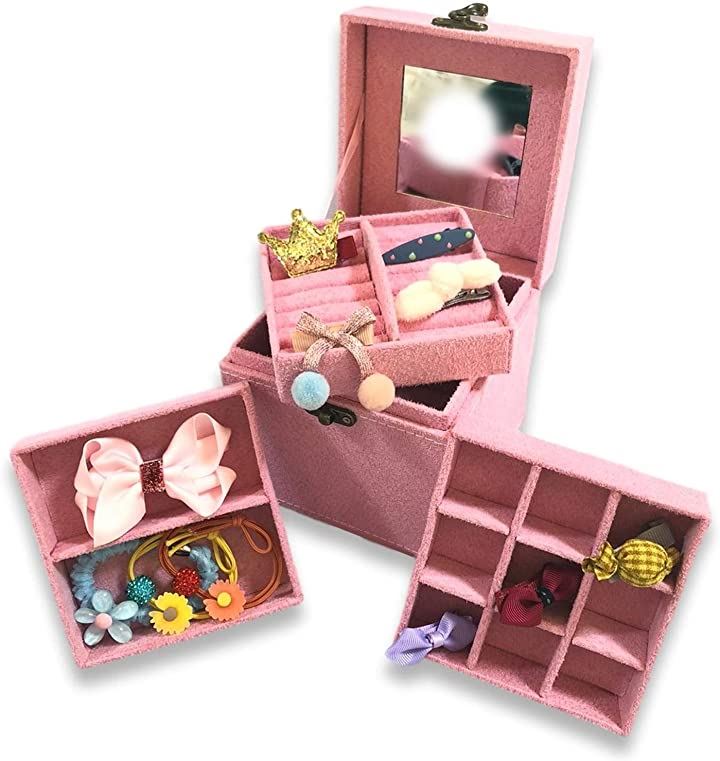 子供用 アクセサリー ケース 3段 ジュエリー ボックス 女の子 鏡付き おもちゃ 箱( ピンク・アクセサリー付)