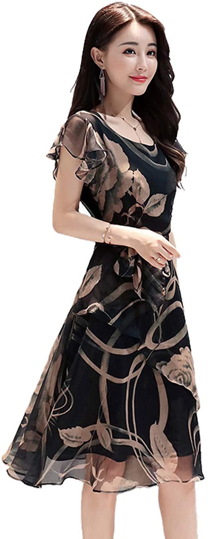 シフォン ワンピース Aライン 激安セール 体型カバー レディース シフォンワンピース 膝丈 ドッキング 花柄 着痩せ 半袖 ブラック L フォーマル ワンピース 夏ワンピース