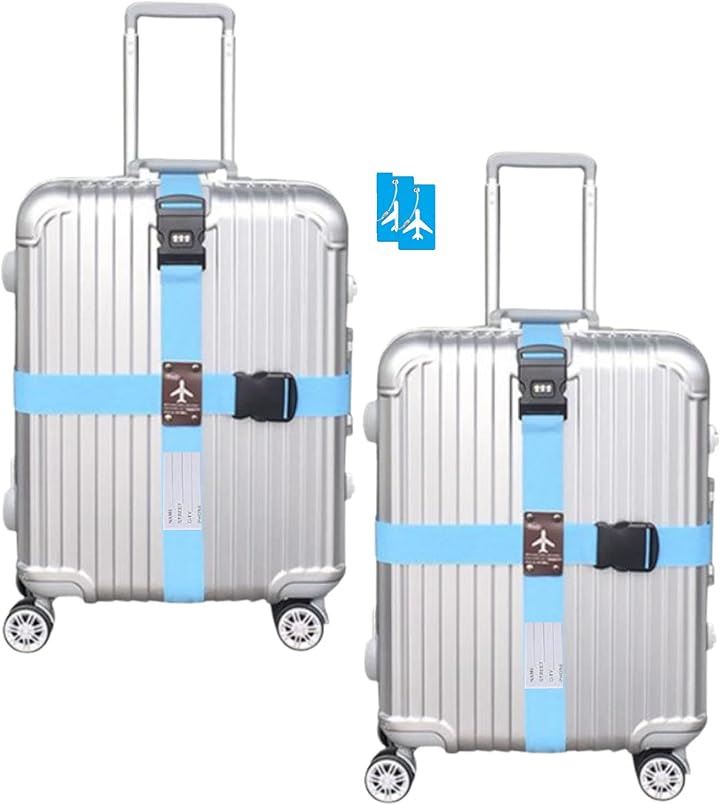 スーツケースベルト ダイアルロック付き 十字 3桁ダイヤル式 ネームタグ付き( ライトブルー 2組セット)