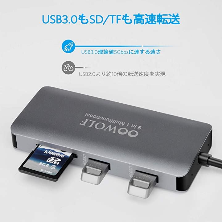 9-IN-1 USB-Cハブ ドッキングステーション ウルトラスリム type 変換アダプタ 9ポートハブ USB3.0高速ハブ / バスパワー/軽量/コンパクト  Switch OTG対応 3つのUSB(スペースグレー, small)：[クイックスピード ヤマダモール店]