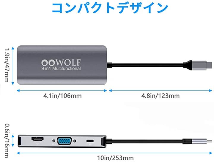 9-IN-1 USB-Cハブ ドッキングステーション ウルトラスリム type 変換アダプタ 9ポートハブ USB3.0高速ハブ / バスパワー/軽量/コンパクト  Switch OTG対応 3つのUSB(スペースグレー, small)：[クイックスピード ヤマダモール店]