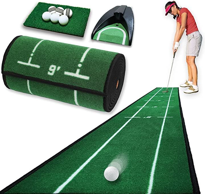 パターマット 9点セット アプローチも練習できる パター練習マット ゴルフ パターカップ GOLF 練習用ネット・マット トレーニング用具 スポーツ・アウトドア(緑)