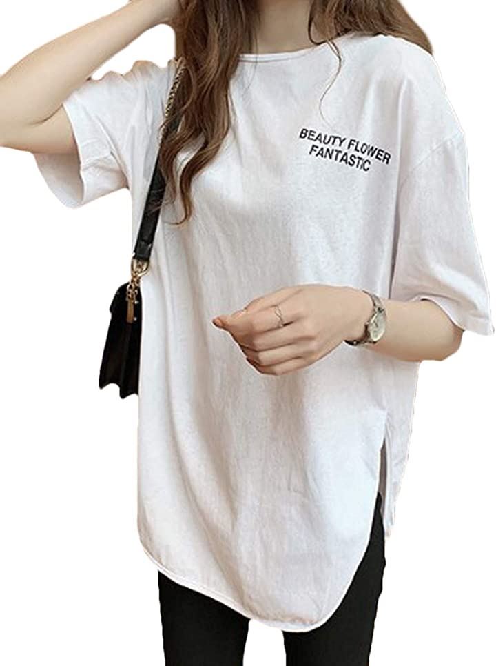 タイムスリップ レディース シンプル カットソー Tシャツ ロゴ 黒 白 プリント ネイビー( ホワイト, L)