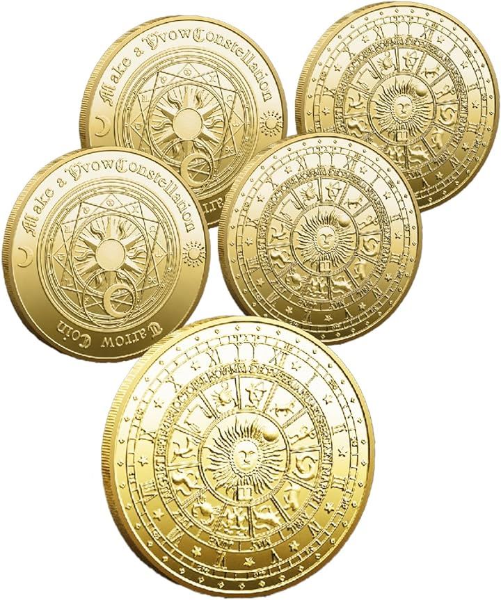 タロットコイン 占いコイン 5枚セット 12星座 記念コイン マジック 手品 ?合金( ゴールド)