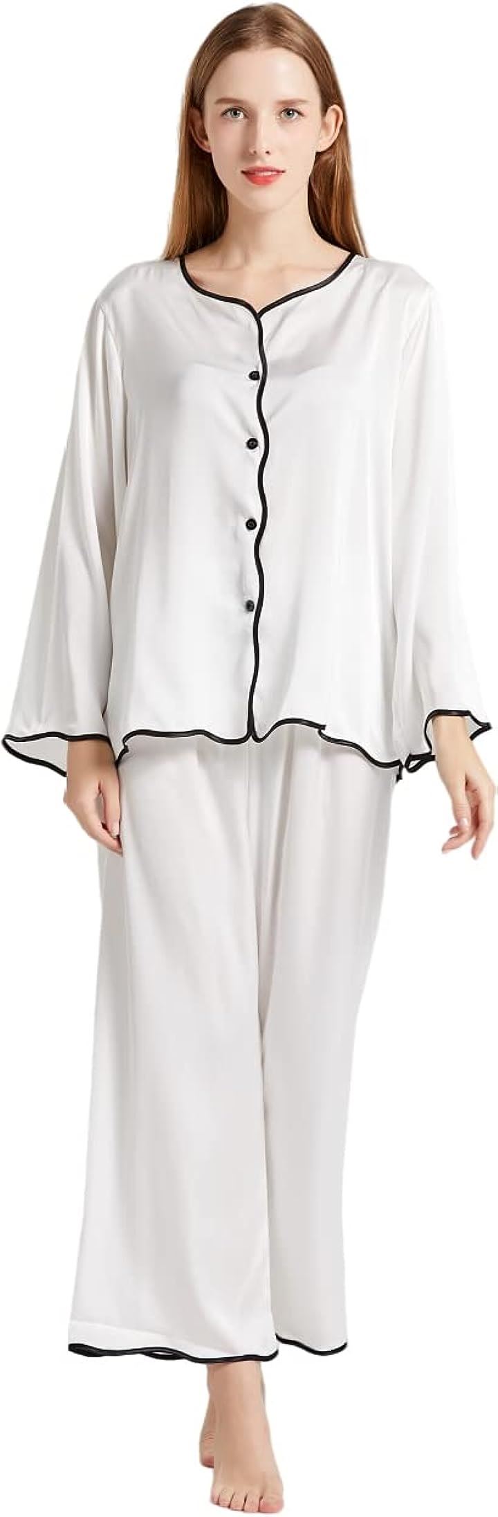 母の日 レディース パジャマ シルク サテン 上下セット ルームウェア 部屋着 長袖 MDM( ホワイト, XL)