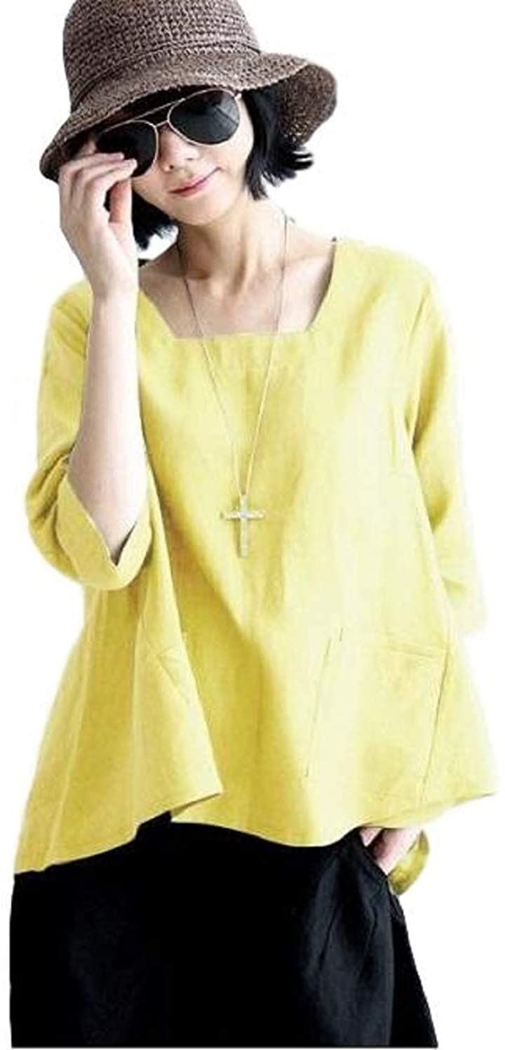 ニブンノイチスタイル 襟なし 大人 無地 綿麻 七分袖 とろみ シャツ ブラウス 黄色( イエロー, XL)