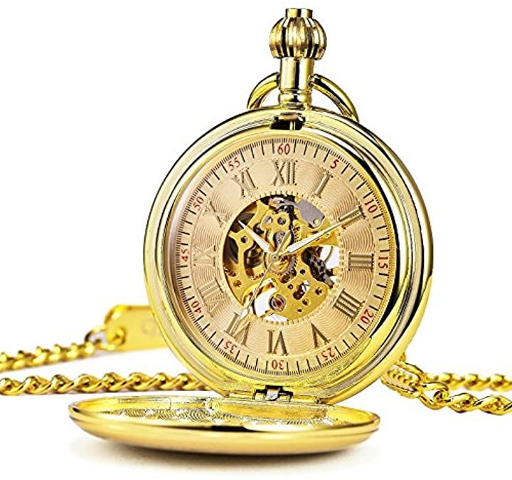 機械式 懐中時計 クラシック アンティーク スケルトン ローマ数字 ゴールド チェーン付き HB057-DESF