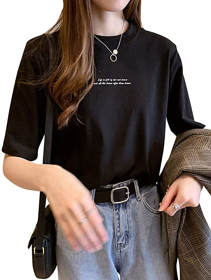タイムスリップ レディース シンプル ベーシック 5分袖 ロゴ プリント ロング Tシャツ( ブラック, M)