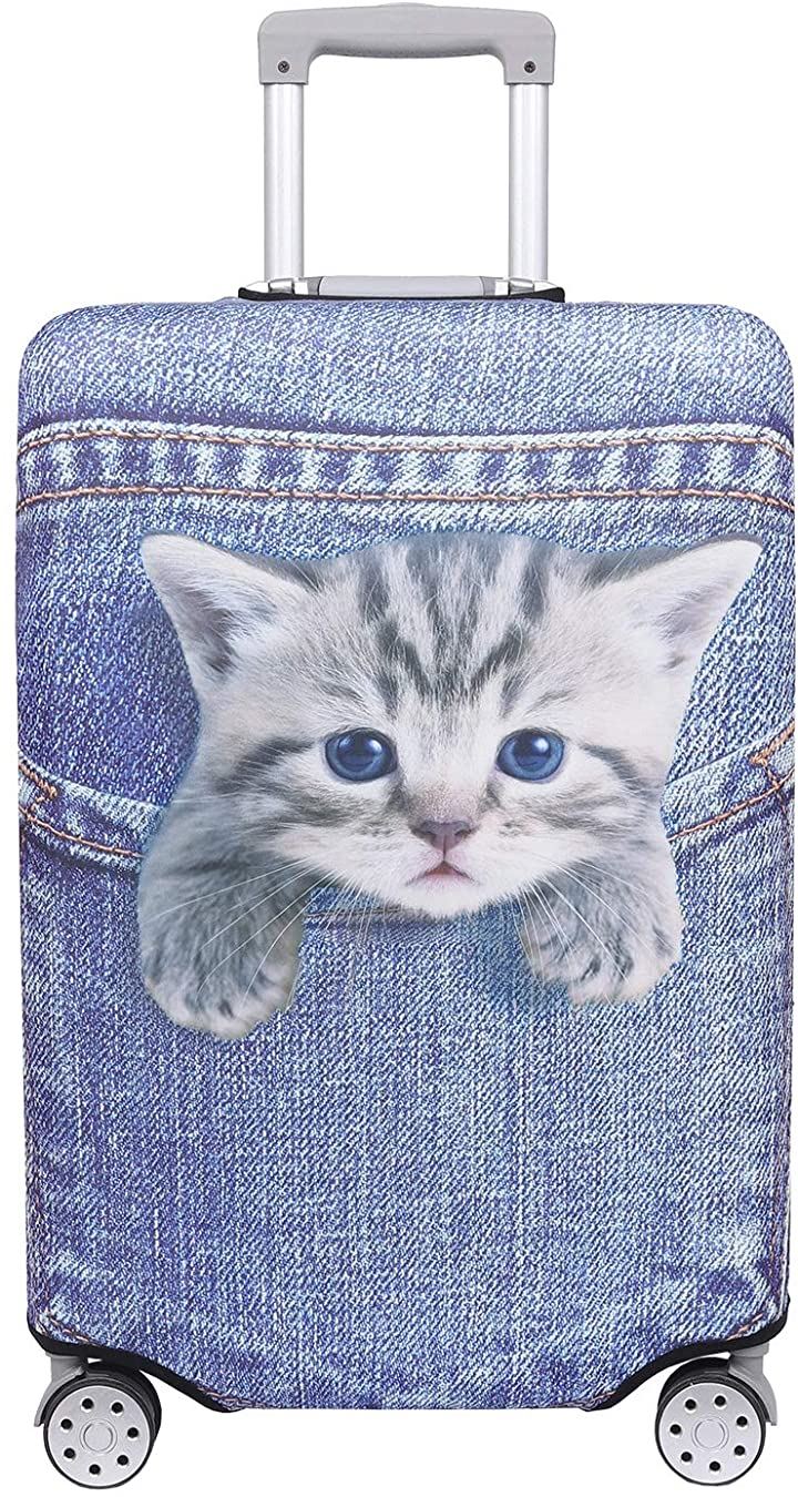 スーツケース 保護 カバー かわいい イヌ ネコ デニム トランクケース 伸縮 MDM( 猫・トラ（ブルー）, S)