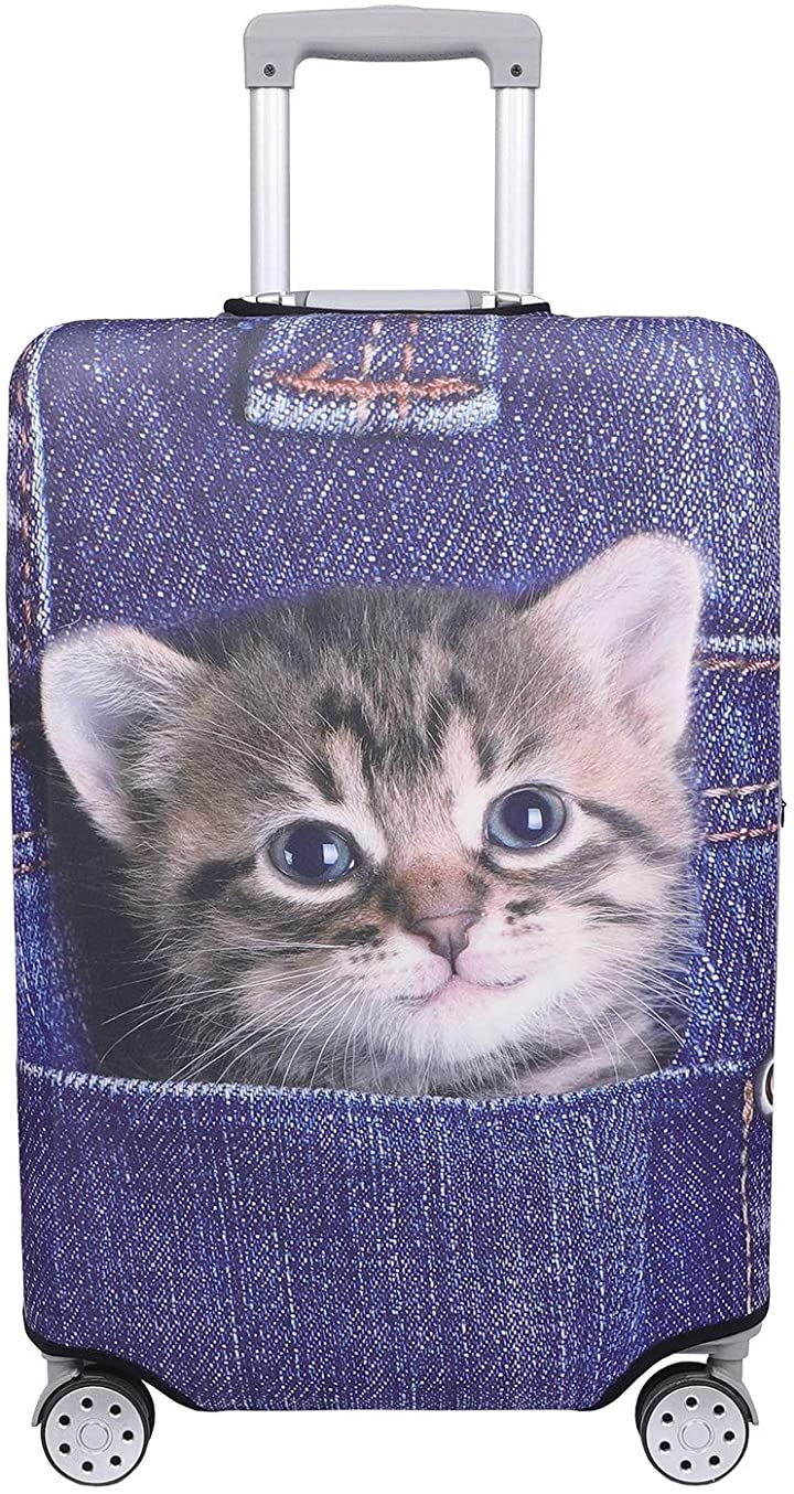 スーツケース 保護 カバー かわいい イヌ ネコ デニム トランクケース 伸縮 MDM( 猫・トラ（インディゴ）, S)