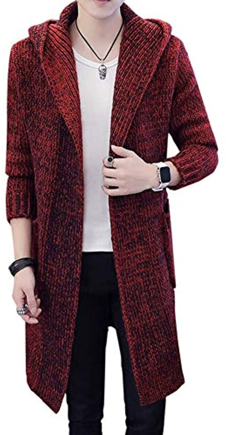カジュアル 秋冬 あったか フード付き ロング ニット カーディガン メンズ ワイン L トップス メンズファッション ワイン L クイックスピード ヤマダモール店