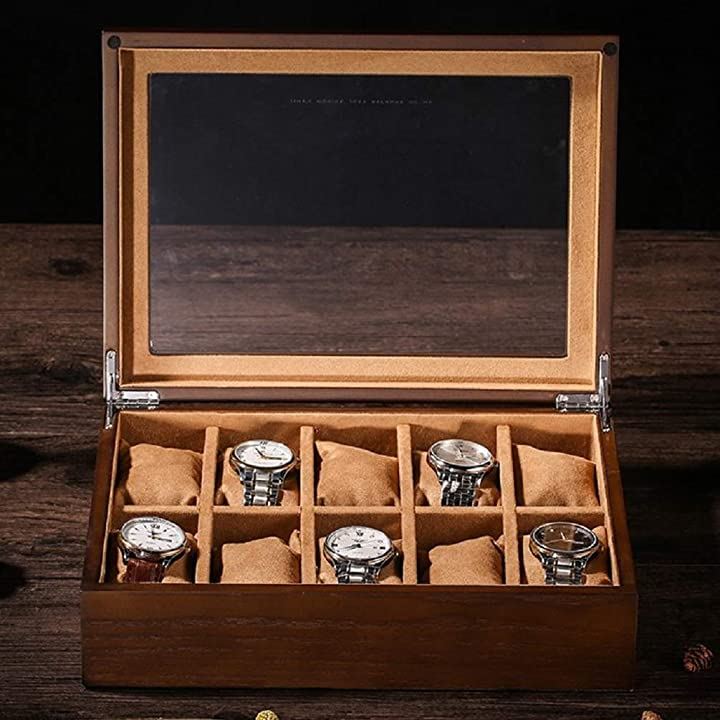 セール100%新品 高級 ケース ディスプレイ 透明ガラス 箱 クッション付き J83 ブラウン： 木製 腕時計 収納 ボックス 10本用 コレクション 最安値大得価